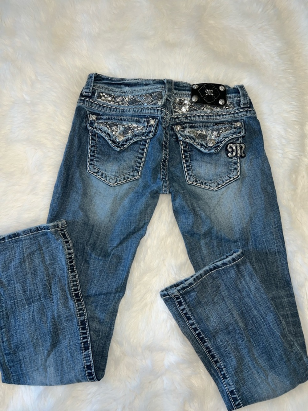 Miss Me Blue Boot Cut Jeans with Sequin Pocket Trim